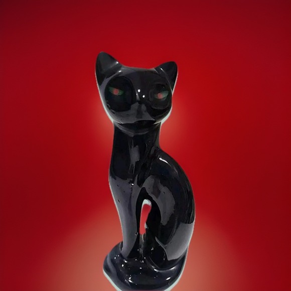 Vintage 1950s Cat Statue: Chic Mid-Century Modern Black Ceramic MCM Red Eyes 9" - Picture 1 of 6